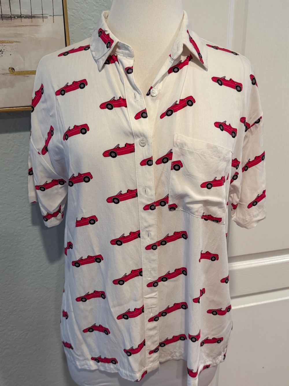 Barbie x Forever 21 Sz Small White Button Down Shirt with Barbie Convertible
